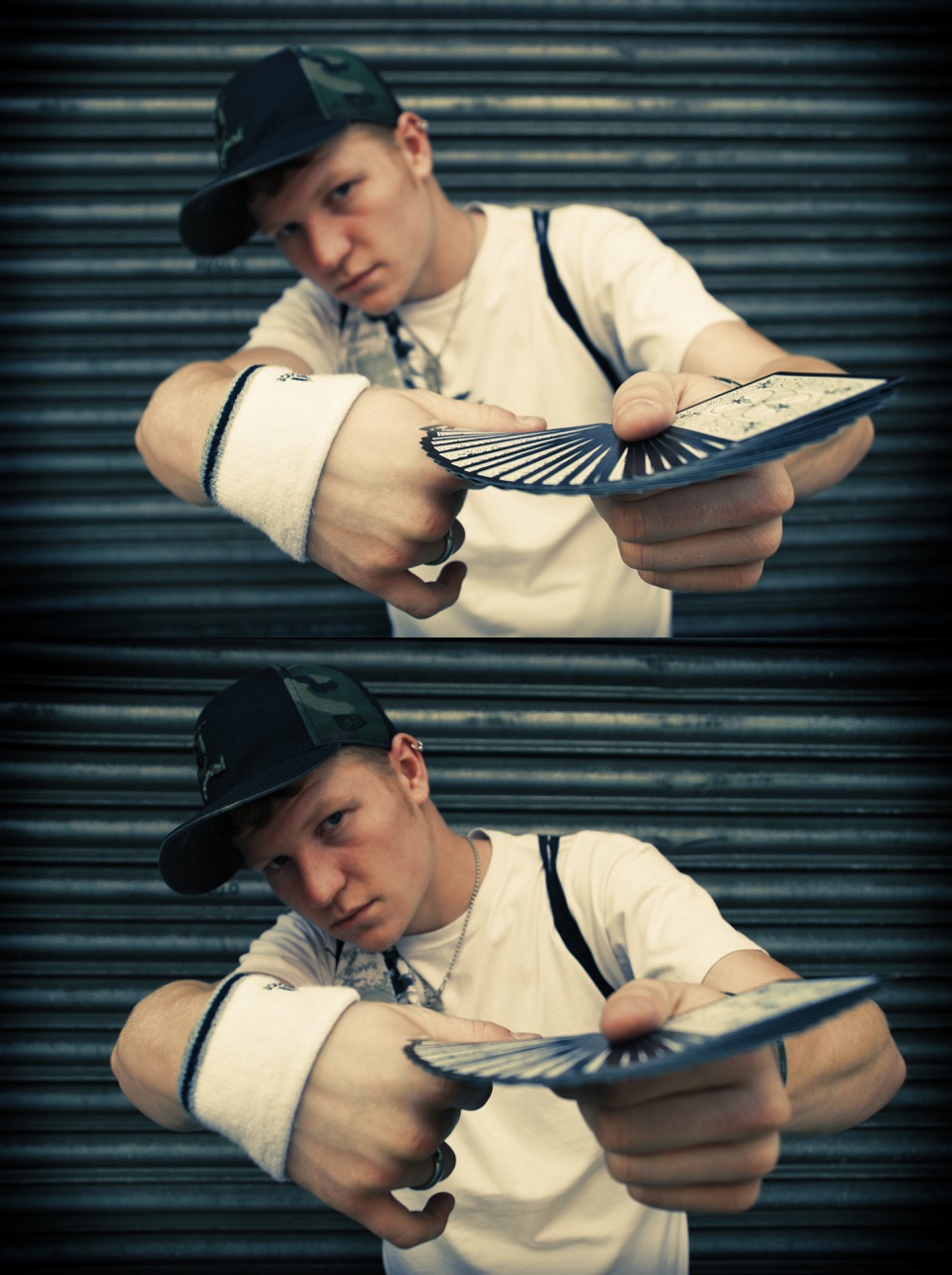 Street Magician Liam Walsh Magic photoshoot of close up magic in London by Kristian Yeomans